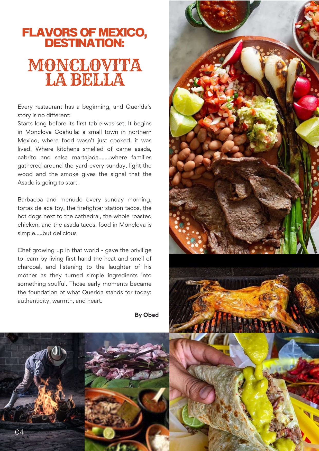 Querida Magazine — Monclovita la Bella, page 4 of 37. Where it begins. Charcoal, comal, and a mother's kitchen. Destination: Monclova, Coahuila, Mexico.