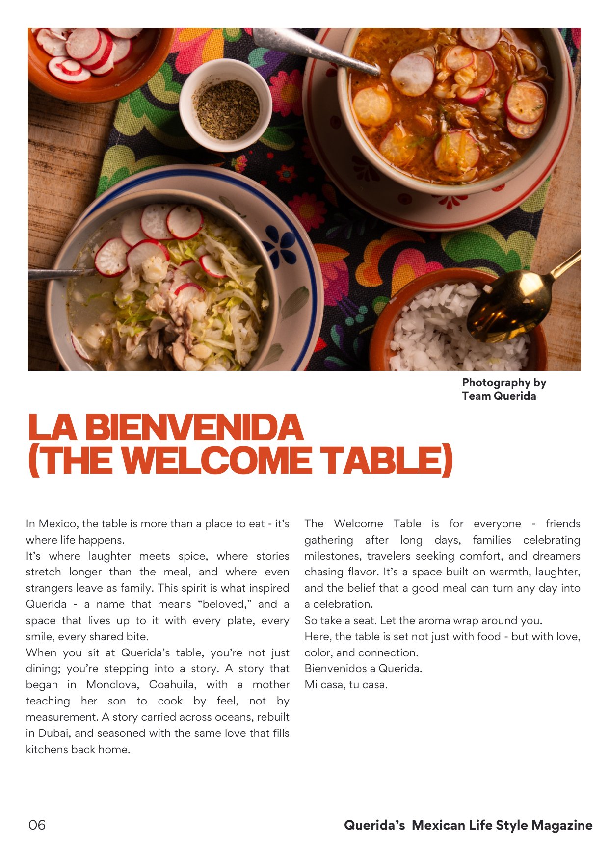 Querida Magazine — Monclovita la Bella, page 6 of 37. Where it begins. Charcoal, comal, and a mother's kitchen. Destination: Monclova, Coahuila, Mexico.